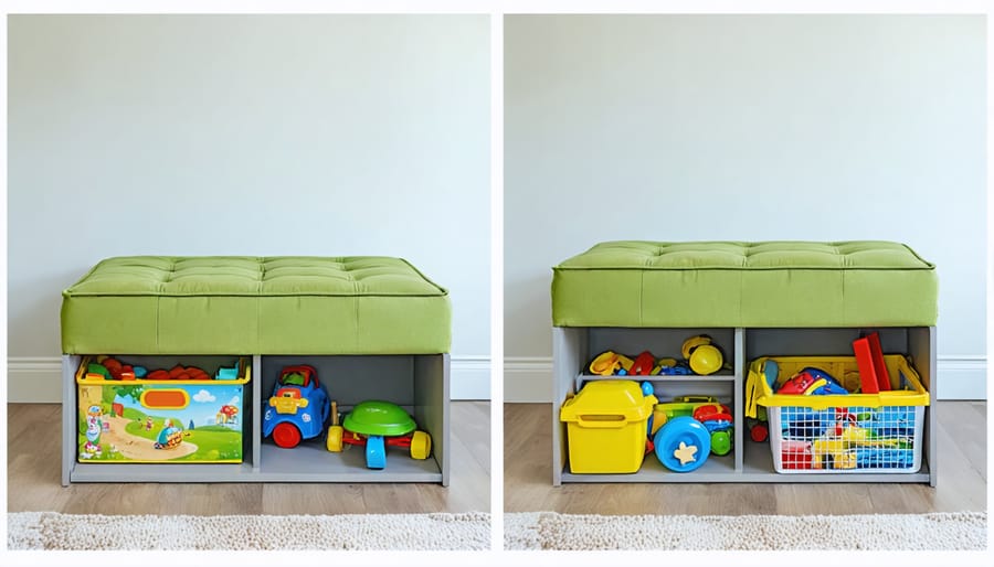 Multi-functional storage ottoman shown both closed as seating and open displaying organized toys