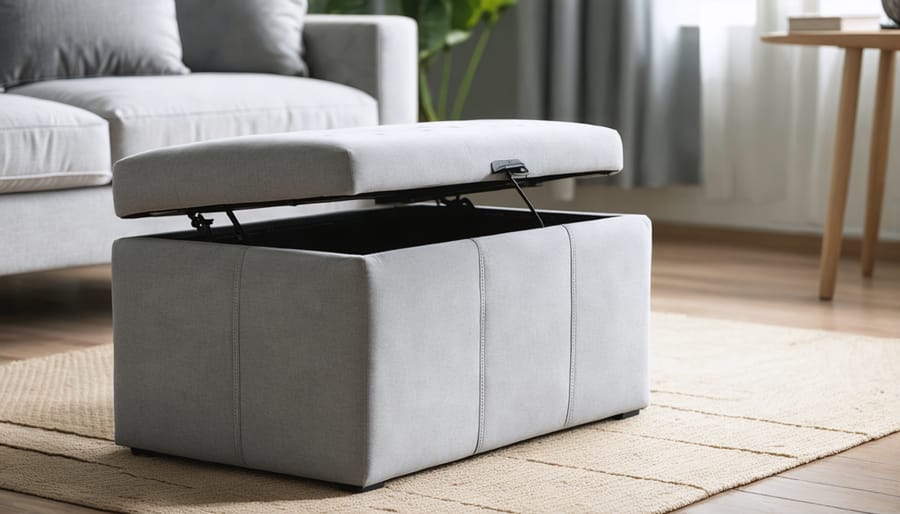 Storage ottoman with open lid showing organized interior storage compartment