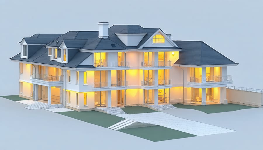 3D diagram of strategic outdoor lighting placement and coverage zones