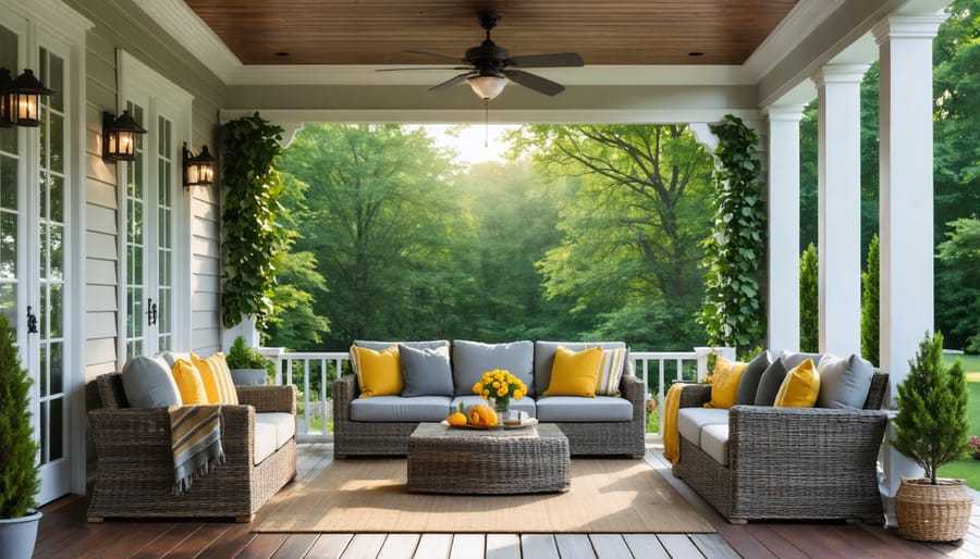 Summer-ready three-season porch with comfortable seating and cooling solutions