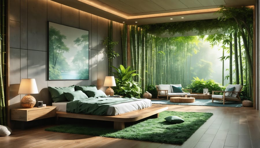 Eco-friendly L-shaped bedroom showcasing sustainable materials and furniture