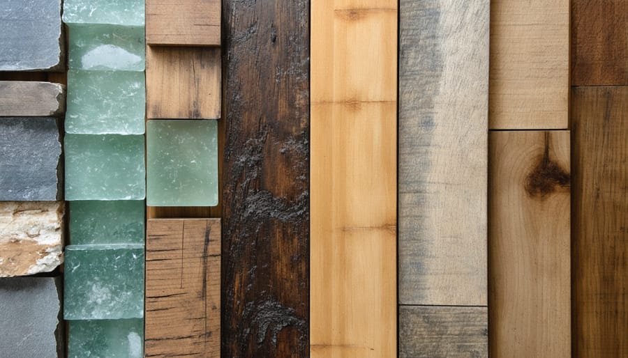 Display of eco-friendly building materials including reclaimed wood, recycled materials, and sustainable alternatives