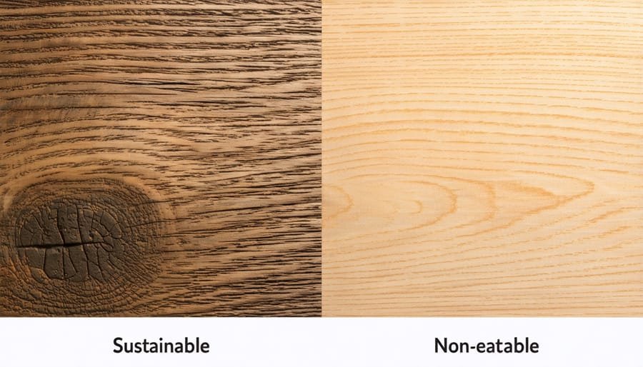 Visual comparison of sustainable and conventional furniture materials showing FSC-certified wood, recycled metals, and organic fabrics