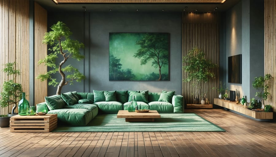 Eco-friendly living room with sustainable materials including reclaimed wood coffee table and bamboo flooring