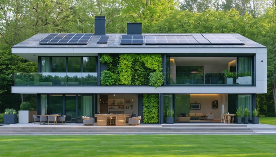 Sustainable modern house featuring solar panels and vertical garden integration