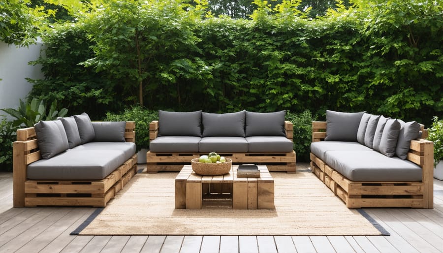 Sustainable outdoor patio set featuring reclaimed wood dining table and FSC-certified teak chairs