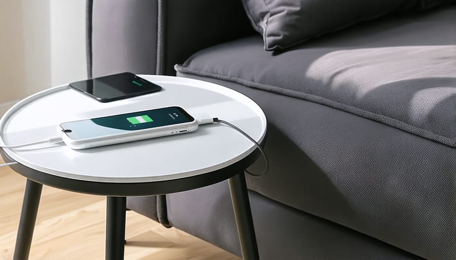 Modern bedside table featuring built-in wireless charging surface and clever cable storage