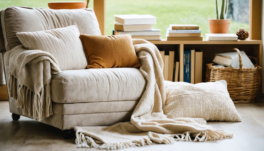 Comfortable reading corner showcasing mixed textile textures and soft furnishings