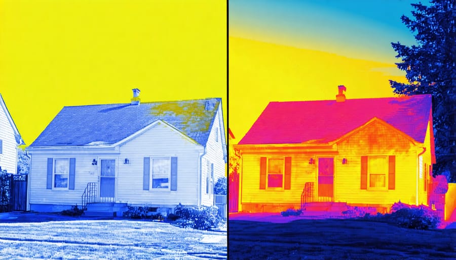 Thermal image comparison showing energy loss areas in red and well-insulated areas in blue