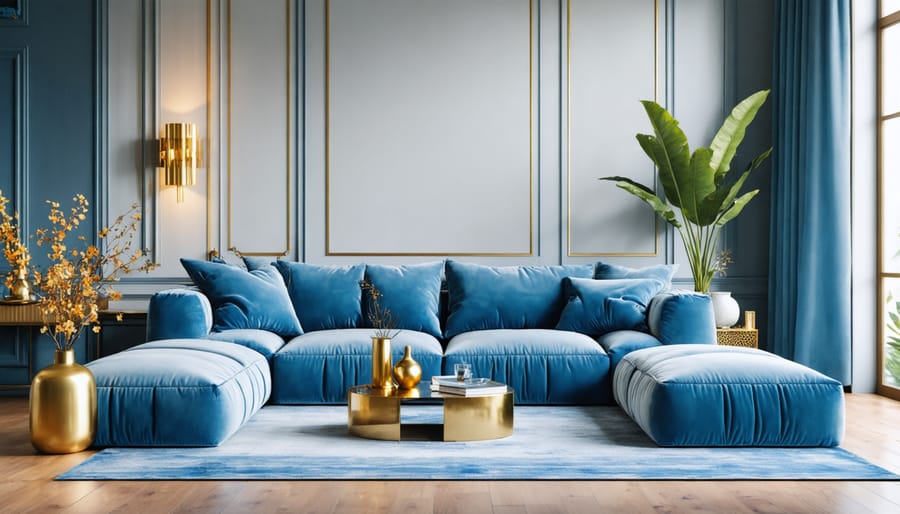 Contemporary living room demonstrating 60% beige walls, 30% blue furniture, and 10% gold decorative elements