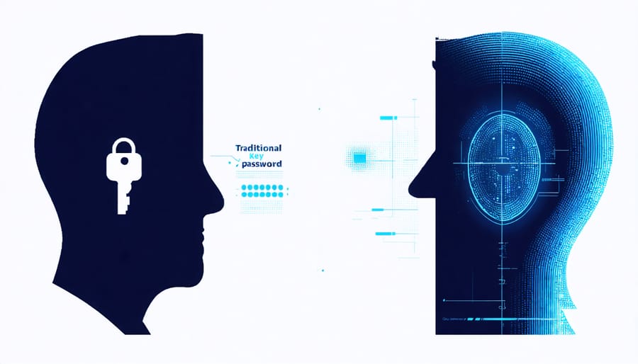 Side-by-side comparison of traditional keys and modern biometric security systems