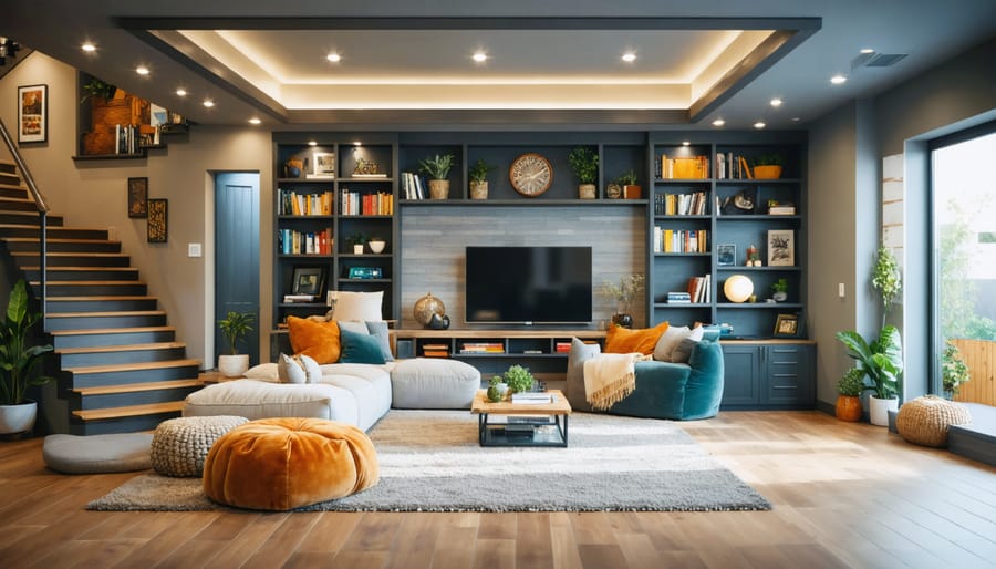 Realistic depiction of a basement conversion showing distinct zones including a cozy seating area, a home office, and an entertainment space, with strategic lighting and furniture arrangements highlighting an open concept design.