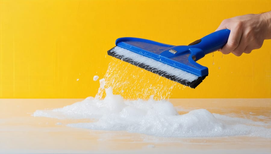 Professional demonstrating proper window cleaning technique using squeegee in overlapping S-pattern