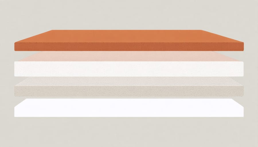 Cross-section view of upholstery layers including foam, batting, and fabric application