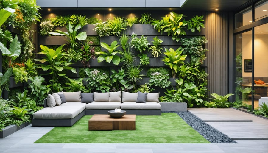 Living wall with diverse plants creating a natural backdrop for outdoor seating