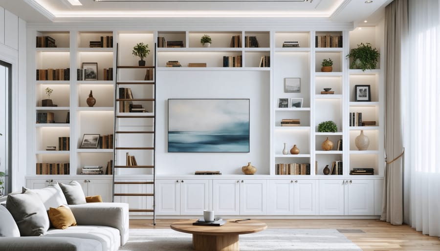 Custom floor-to-ceiling white shelving unit with sliding ladder showcasing books and decorative items