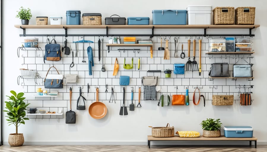 Wall-mounted storage system featuring multiple shelves and organizational elements in a small apartment setting