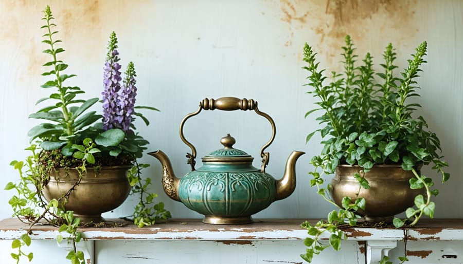 Antique teapot and brass kettle transformed into unique planters with cascading greenery