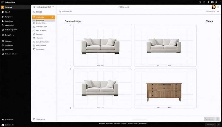 Computer screen displaying 3D room modeling software with furniture placement tools