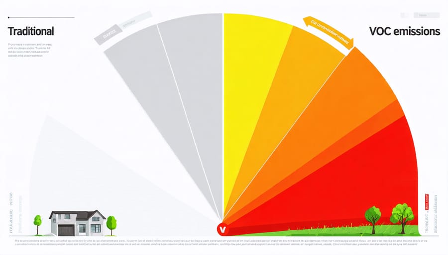 Side-by-side comparison showing visible VOC emissions from conventional paint versus minimal emissions from eco-friendly paint