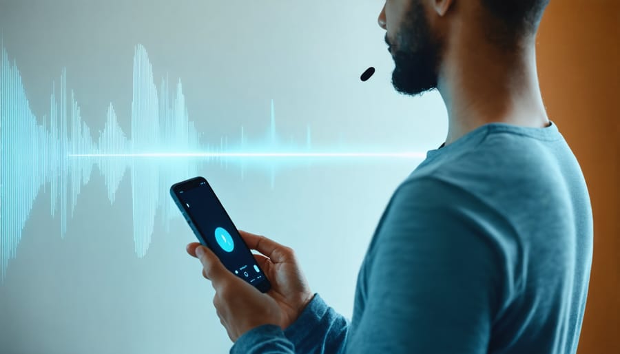 Individual speaking voice commands into smartphone with visual representation of voice recognition in action