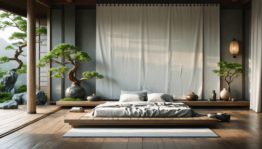 Peaceful wabi-sabi bedroom design with natural elements and simple aesthetics