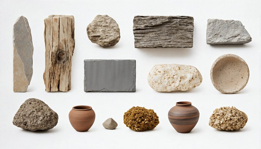 Material palette showcasing wabi-sabi textures and natural elements