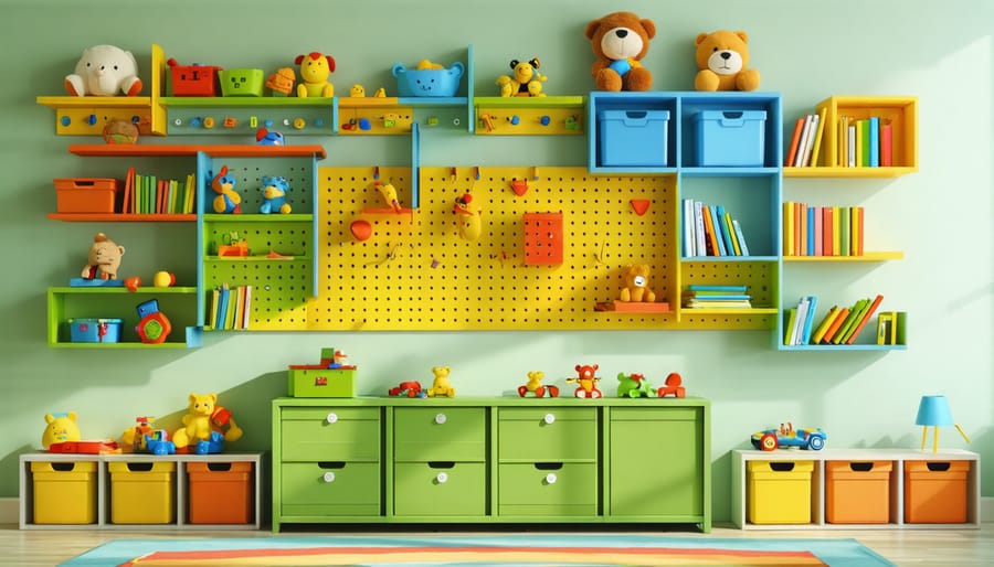 Wall-mounted toy storage system with floating shelves and pegboard organizers displaying neatly arranged children's toys