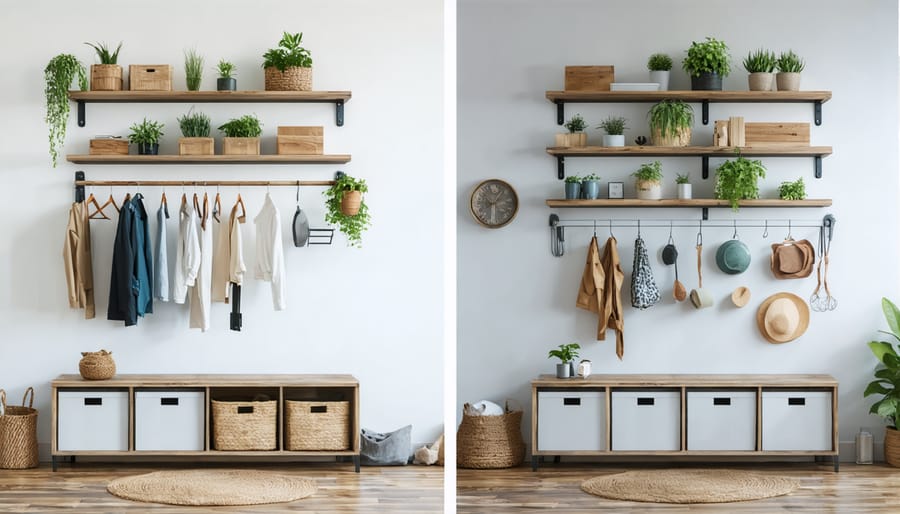 Split image showing wall transformation from bare to organized with vertical storage solutions