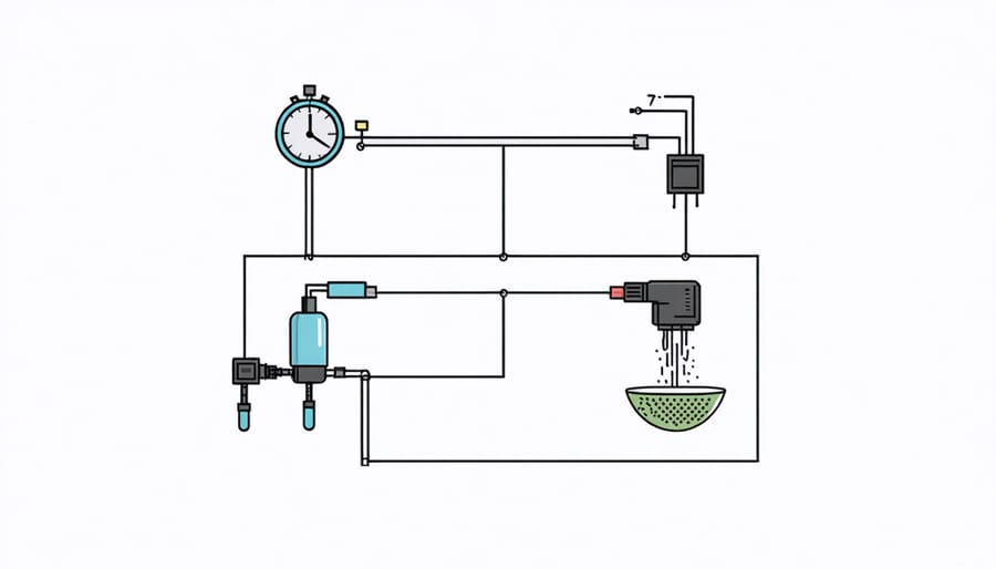 Technical diagram illustrating how timer, pump, and drippers connect in an automated watering system