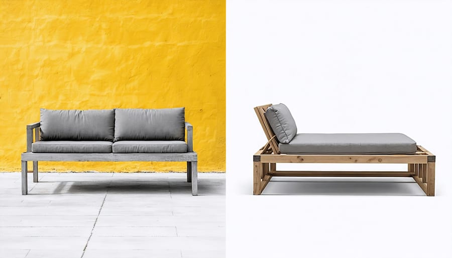 Side-by-side comparison of weather-protected and unprotected sustainable outdoor furniture over time