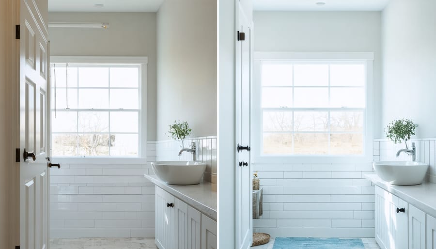 Split image showing same small bathroom before and after painting with bright white, demonstrating visual expansion of space