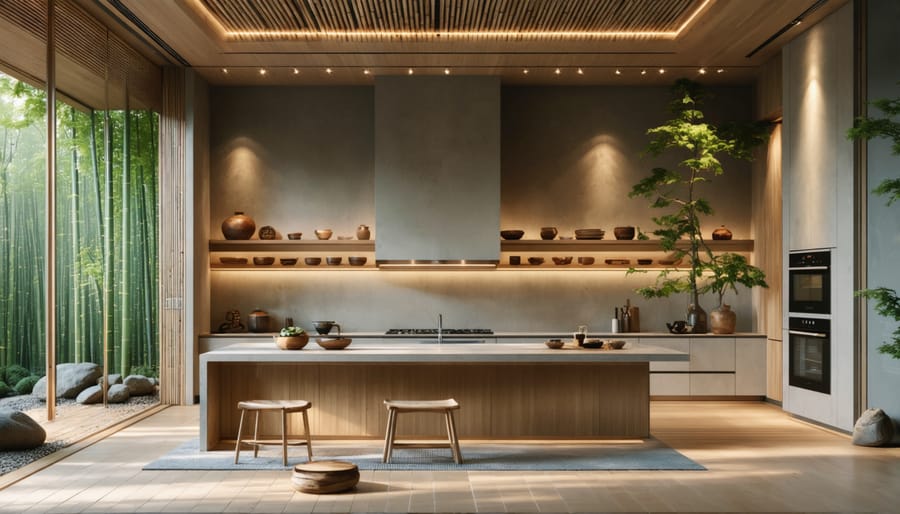 A peaceful Zen-inspired kitchen with bamboo countertops, smart appliances discreetly integrated, and ambient lighting highlighting natural materials.