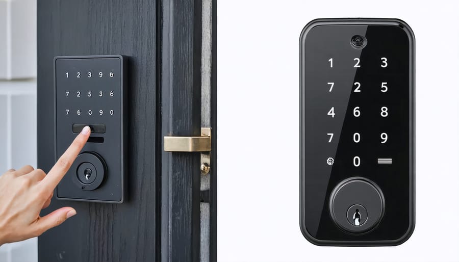 Smart door lock featuring dual access methods: fingerprint scanner and illuminated keypad