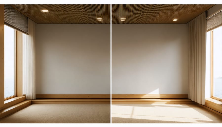 Side-by-side comparison showing a room before and after natural acoustic treatments