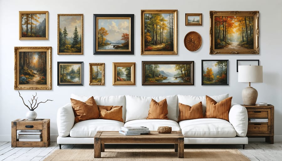 Balanced gallery wall display with multiple frame sizes and artistic mediums in an arts and crafts style room