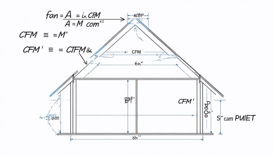 Technical illustration of attic dimensions and CFM calculation method