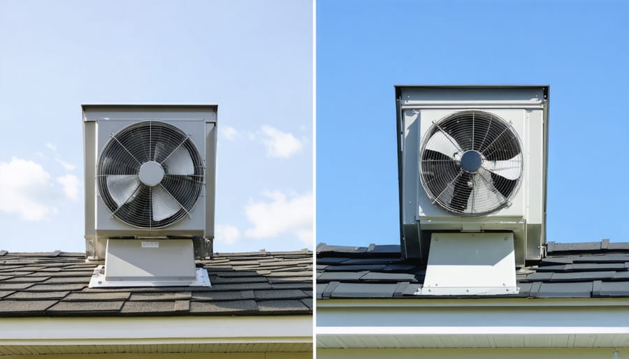 Side-by-side installation diagrams of gable and roof mounted attic fans