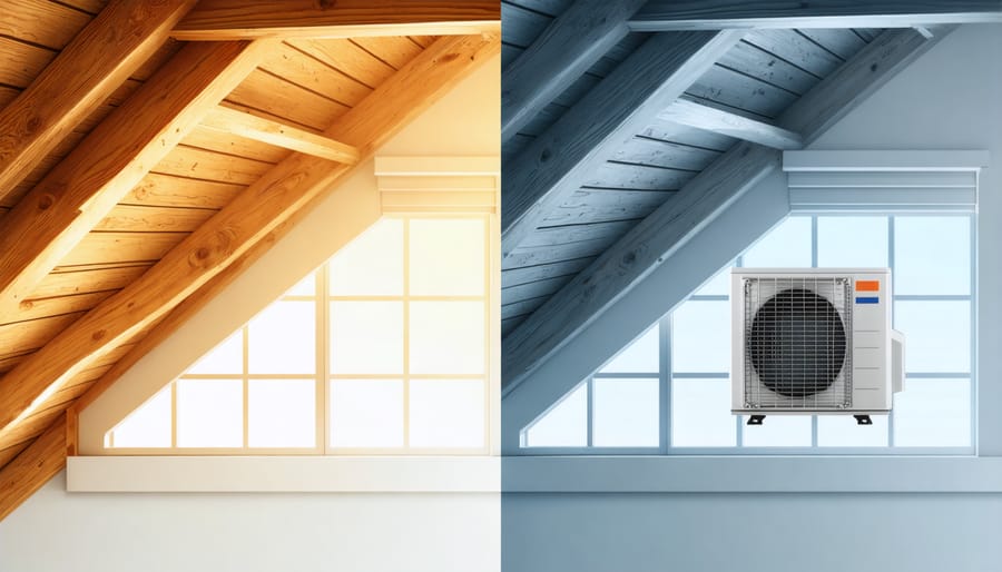 Side-by-side comparison showing temperature differences between poorly and well-ventilated attics