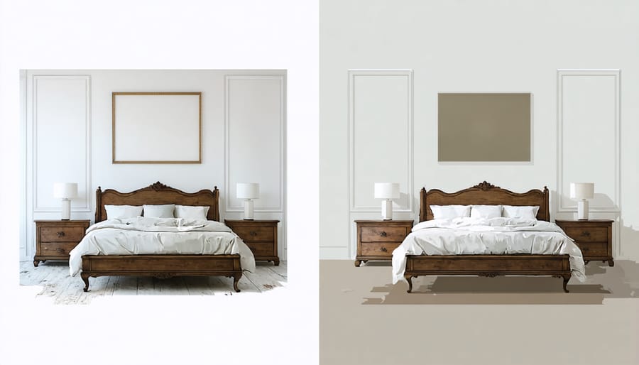 Side-by-side comparison of bedroom before and after adding antique furniture