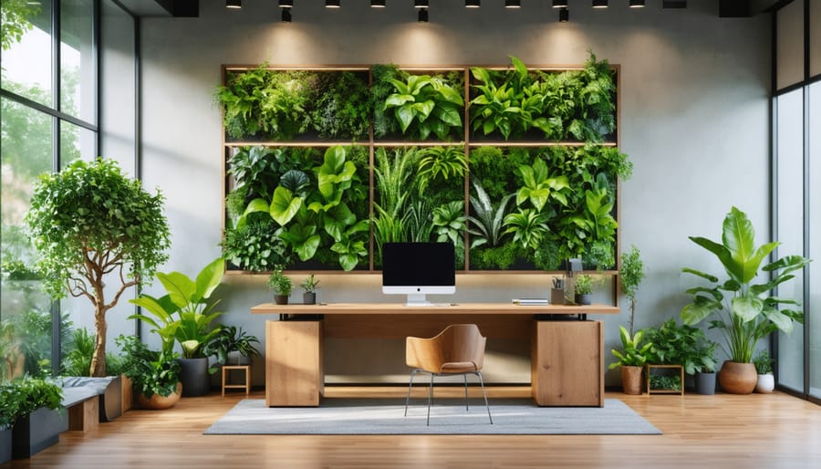 Biophilic home office with vertical garden wall, wooden furniture, and large windows