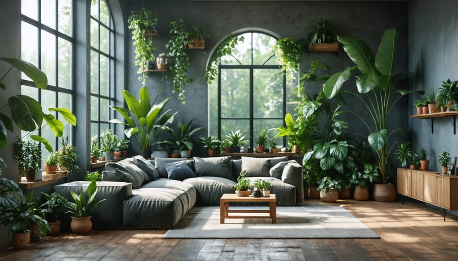 Bright living room with biophilic design elements including floor-to-ceiling windows, potted plants, and wooden furniture