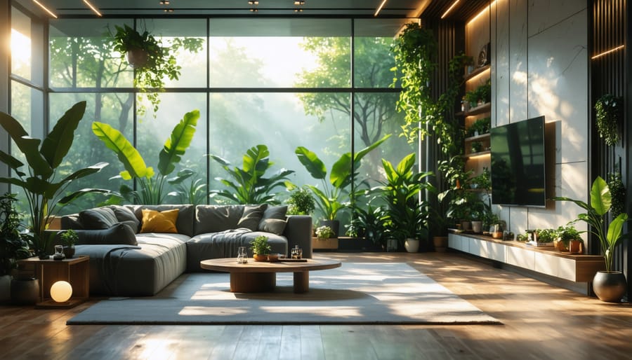 Bright, airy living room with large windows and natural elements demonstrating biophilic design principles