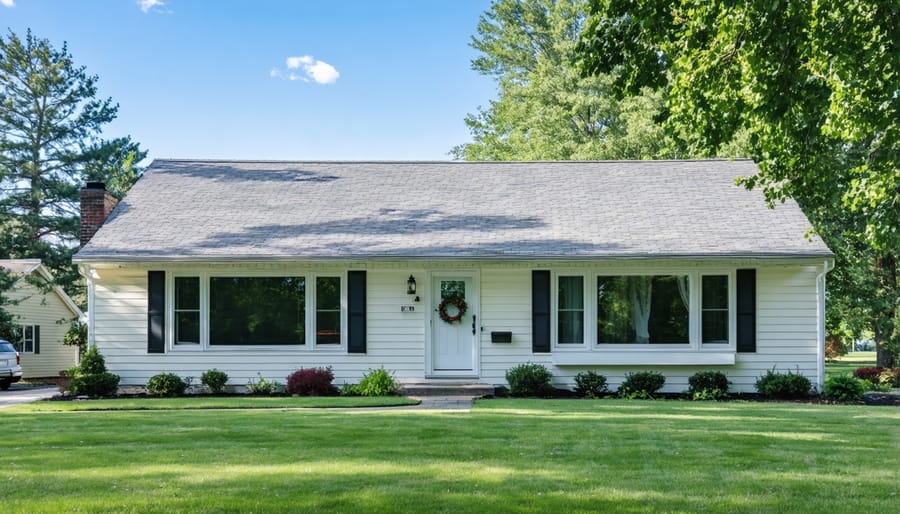 Traditional ranch style house featuring long horizontal profile, attached garage, and wide front porch