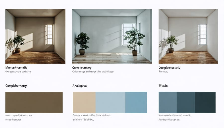 Four interior room examples showing different color harmony applications in home design