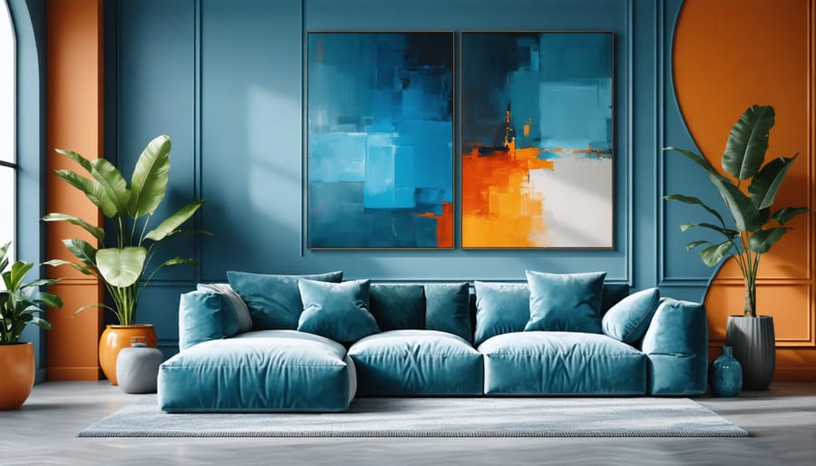 Contemporary living room design showcasing complementary blue and orange color harmony