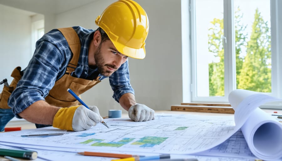 Contractor and homeowner reviewing eco-friendly renovation blueprints and samples