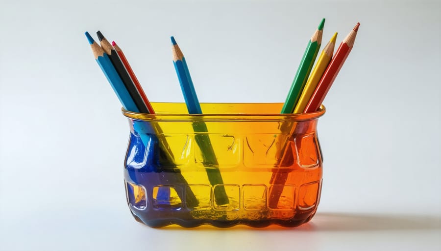 Step-by-step transformation of a plastic bottle into a decorated pencil holder with craft supplies visible