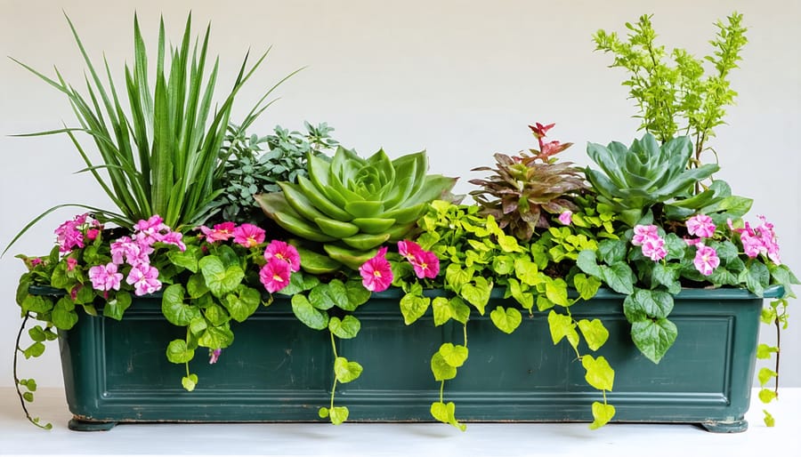 Decorative entrance planters with layered seasonal flowers and greenery