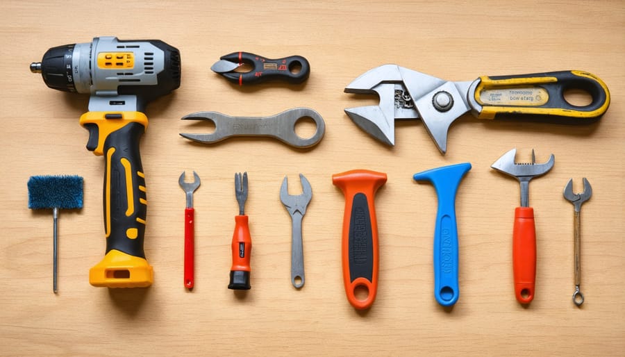 Basic home repair toolkit including hammer, screwdrivers, wrench, and measuring tape